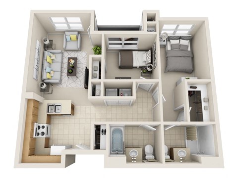 a 3d drawing of a floor plan of a house